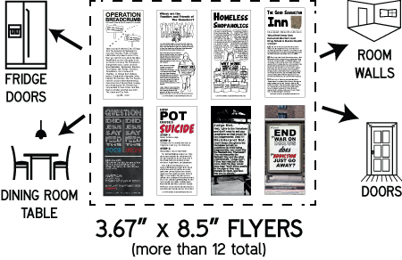 Flyers on Fridge, Table, Wall, and Doors